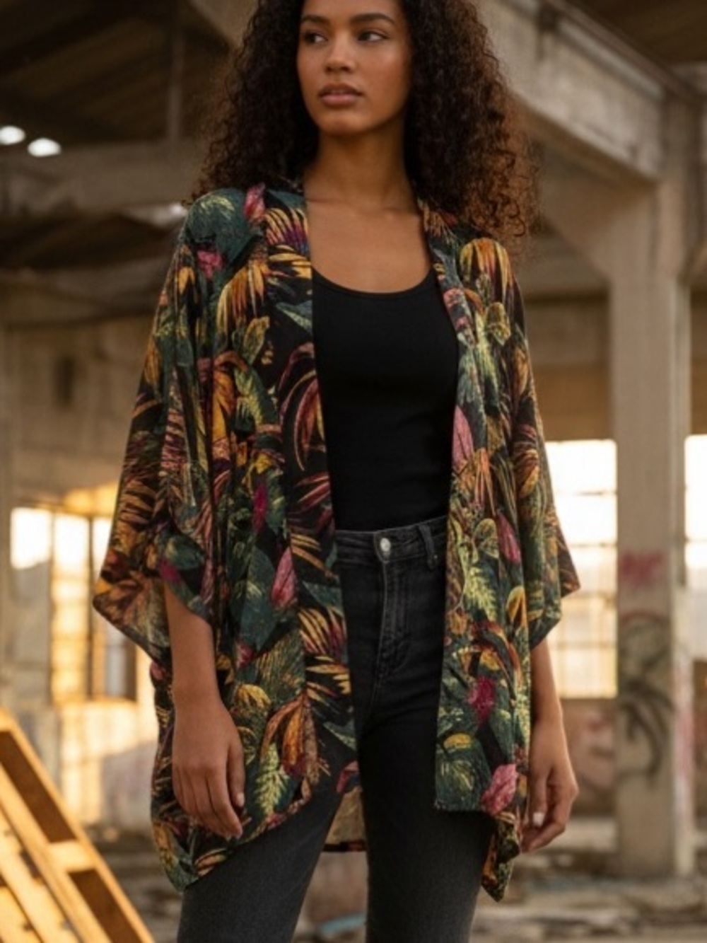 World Market caftan, or kimono.  One size . Black, gold, red, green print.